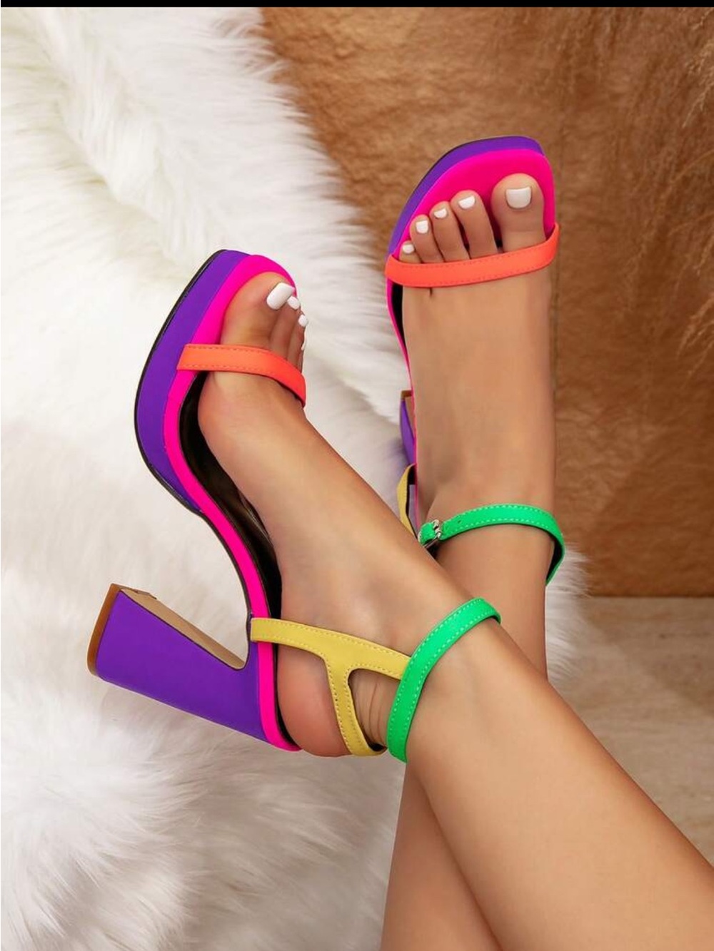 Shoe Dazzle Neon Colorblock Strappy Block Heel Sandals - Picture 5 of 12